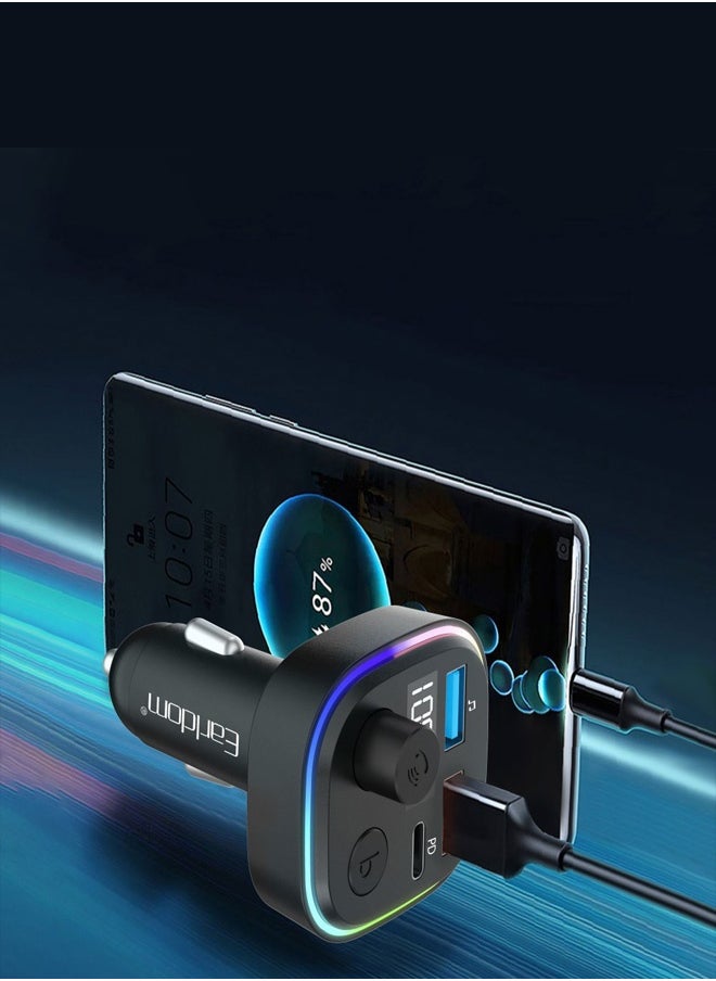 أيرلدوم جهاز إرسال FM لاسلكي من أيرلدم وشاحن سيارة مع 7 مصابيح RGB ملونة، طاقة فلاش، شاحن داخل السيارة مع جهاز إرسال FM، ومنافذ USB ومنفذ Type-C 3.1A، يدعم أوضاع تشغيل BT وUSB وTF.  - Image 5