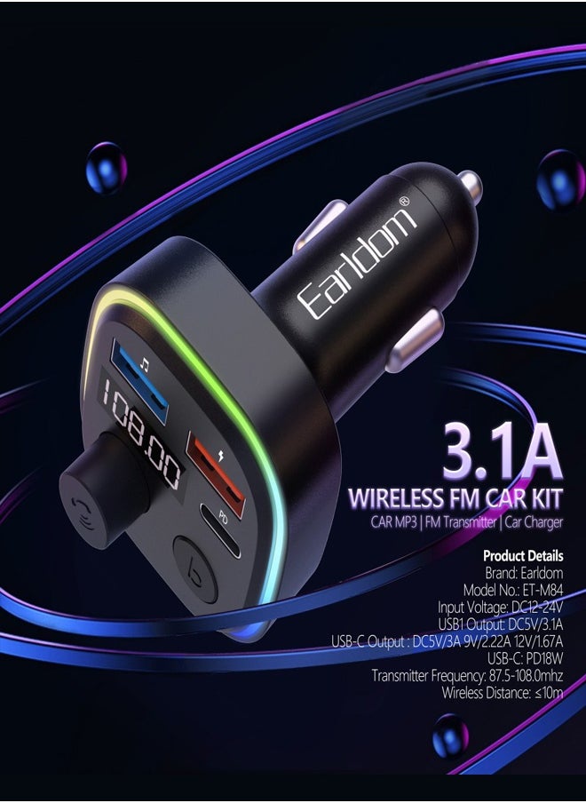 أيرلدوم جهاز إرسال FM لاسلكي من أيرلدم وشاحن سيارة مع 7 مصابيح RGB ملونة، طاقة فلاش، شاحن داخل السيارة مع جهاز إرسال FM، ومنافذ USB ومنفذ Type-C 3.1A، يدعم أوضاع تشغيل BT وUSB وTF.  - Image 2