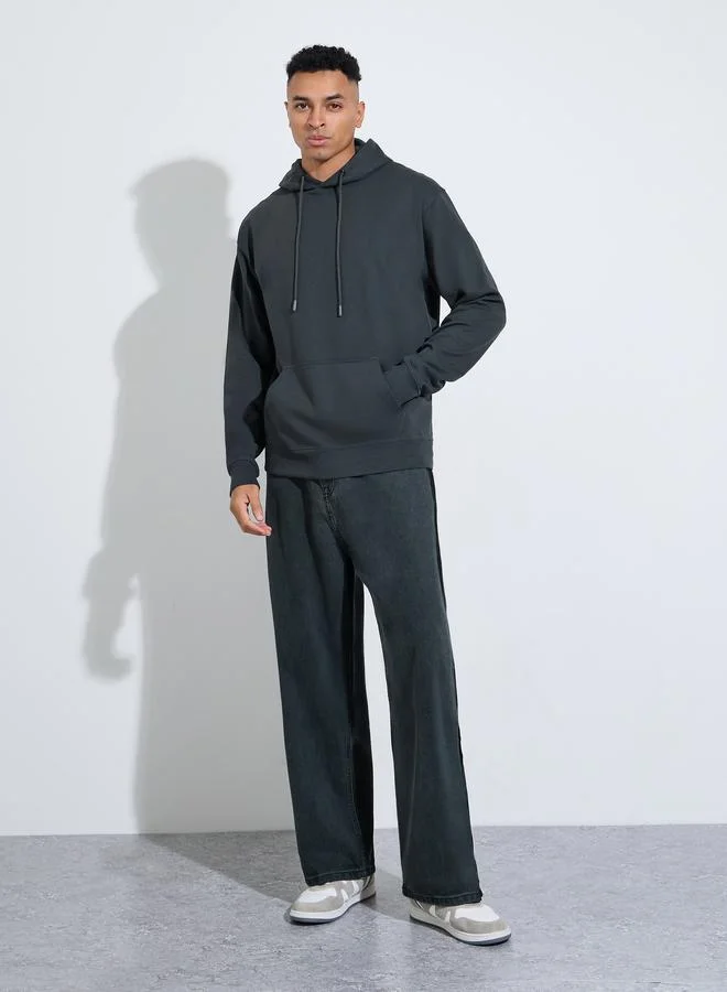 Styli Men Charcoal Relaxed Fit Fleece Hoodie