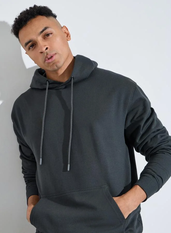 Styli Men Charcoal Relaxed Fit Fleece Hoodie