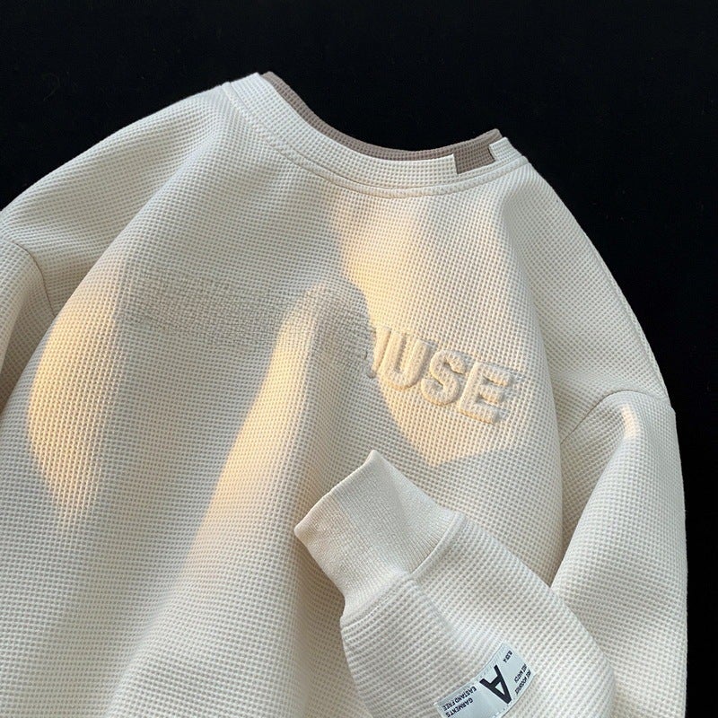 2023 New Heavy Aocado Green Sweatshirt Mens Trendy Ins Waffle Hood Crewneck Fake Two-Piece Long-Sleeved T-Shirt Creamy-white - Image 3
