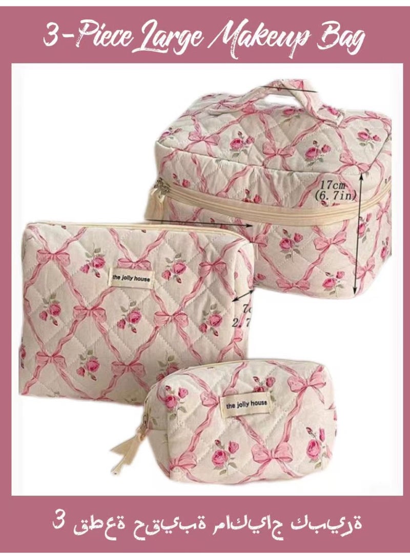 3 قطعة كبيرة مقطوعة كيس ماكياج مجموعة - جميلة الزهور القطن حقائب مستحضرات التجميل، جمالية السفر المرحاض المنظمين (القوس الوردي) - Image 1