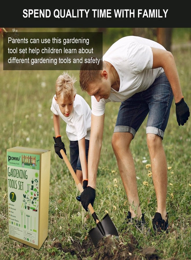 POMIKU Kids Rake and Shovel Sets, 7PCS Child Metal Gardening Tools for Real Digging-Great for Garden, Yard, Sandbox, Lawn, Camping Play, Outdoor Toys for Ages 2-4, 5-7 Years Old - Image 4