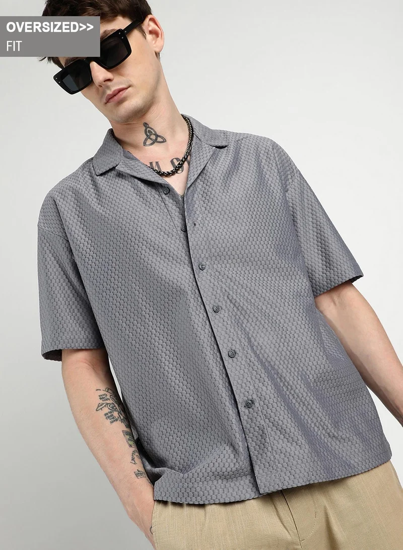 Campus Sutra Campus Sutra Men's Beige Oversized Honeycomb Shirt For Casual Wear | Cuban Collar | Short Sleeve | Button Closure | Shirt Crafted With Comfort Fit For Everyday Wear