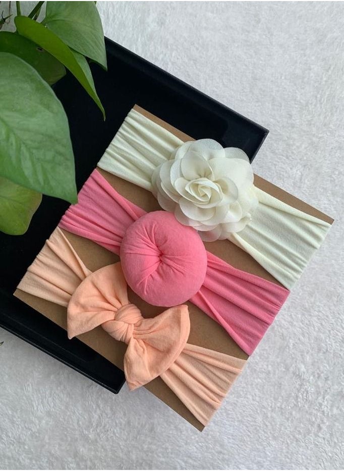 The Girl Cap The Girl Cap Elastic Baby Headband Stretchable Nylon Assorted Hairbands Hair Accessories for Baby- White Pink Orange - 3PCS  - Image 2