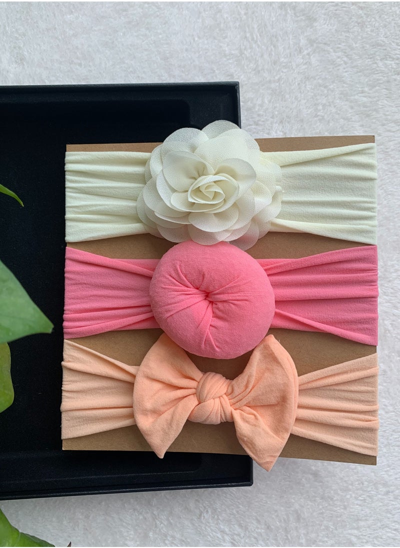 The Girl Cap The Girl Cap Elastic Baby Headband Stretchable Nylon Assorted Hairbands Hair Accessories for Baby- White Pink Orange - 3PCS  - Image 3