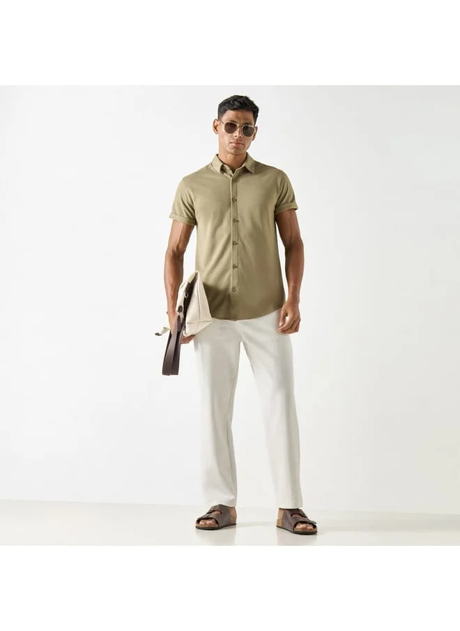 Iconic Iconic Slim Fit Textured Shirt with Short Sleeves and Button Placket