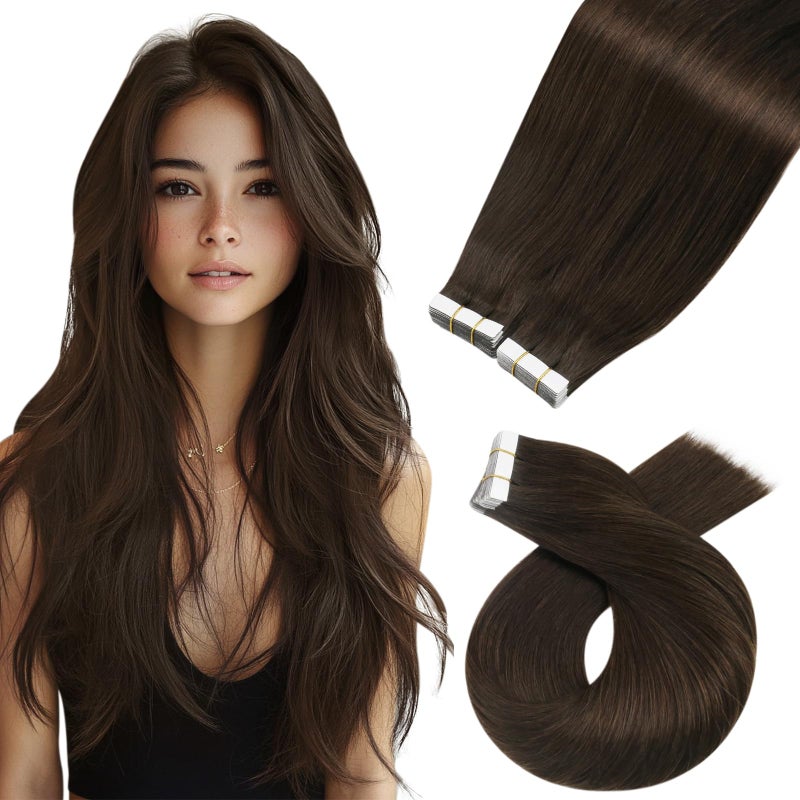 Moresoo 24 Inch 100G Tape in Hair Extensions Human Hair Brown Tape in Extensions for Women 40Pcs Long Hair Extensions Tape in Fashion Dark Brown Color 4