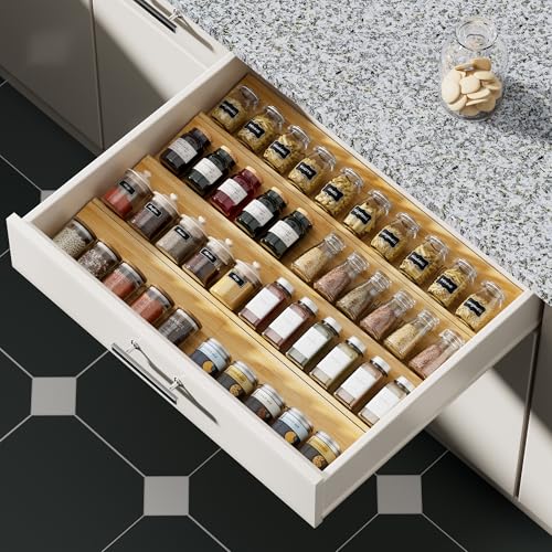 FEELING MALL Spice Drawer Organizer, 8 Tier Wooden Expandable From 66X52X4 CM Seasoning Jars Drawer Insert, Kitchen Drawer Spice Rack Tray for Cabinet/Countertop - Image 1