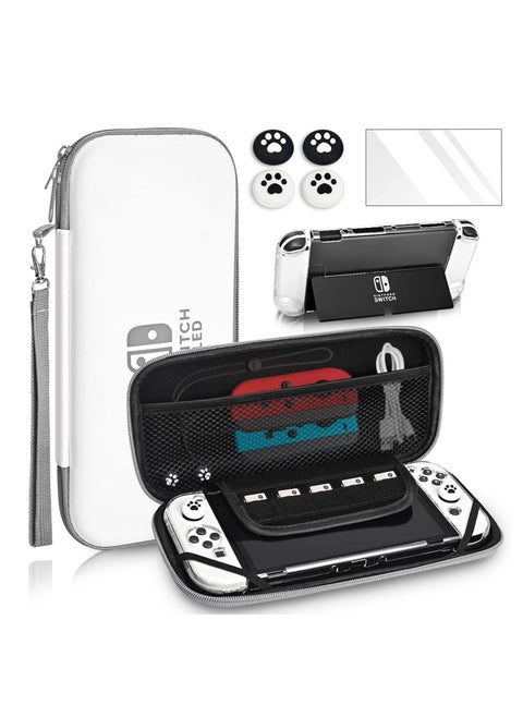 Carrying Case for Nintendo Switch & Switch OLED - Compact Portable Storage Set with Tempered Glass Screen Protector, Crystal Clear Case, Thumb Grip Accessories for Enhanced Gaming Experience