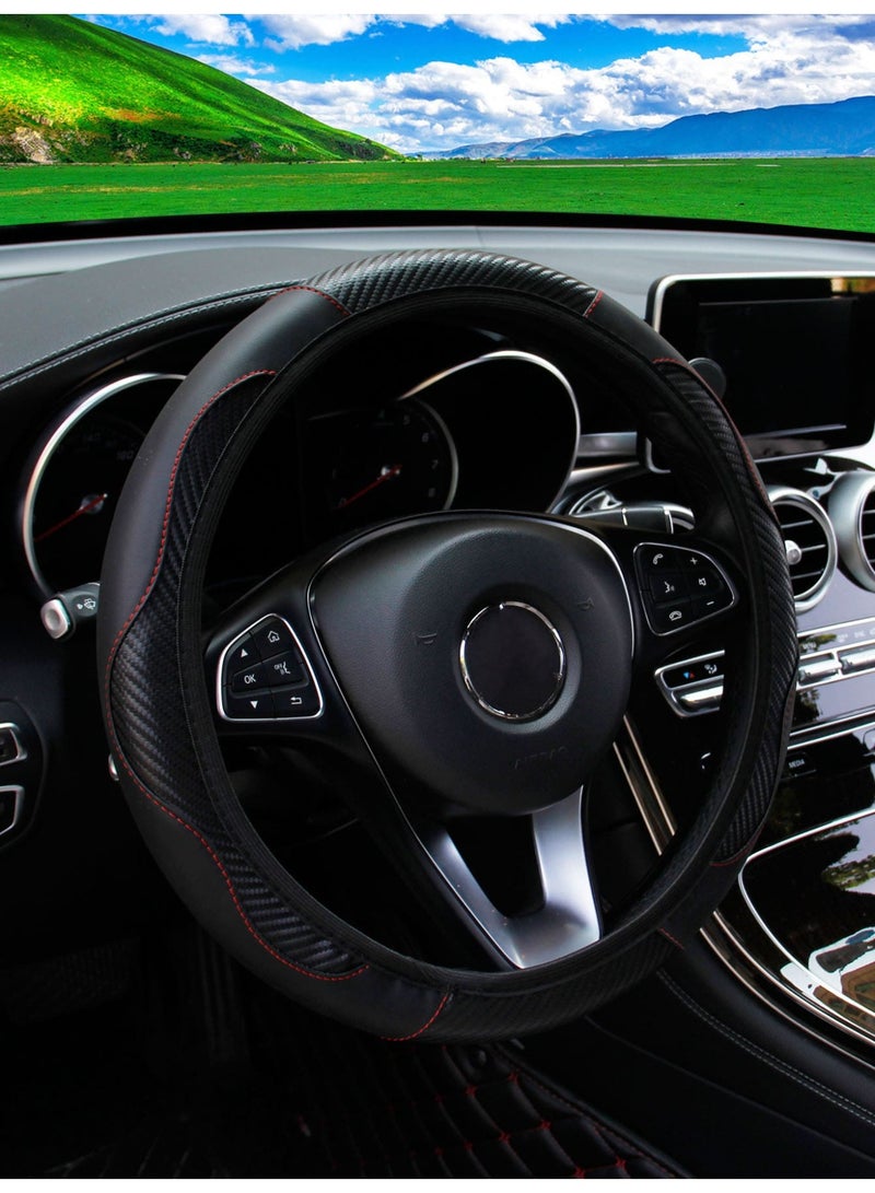 Car Steering Wheel Cover, 15 Inch Carbon Fiber Microfiber PU Leather Flexible Steering Wheel Protector for Men and Women, Non-Slip Breathable Car Interior Accessories for Most Cars (Black) - Image 1