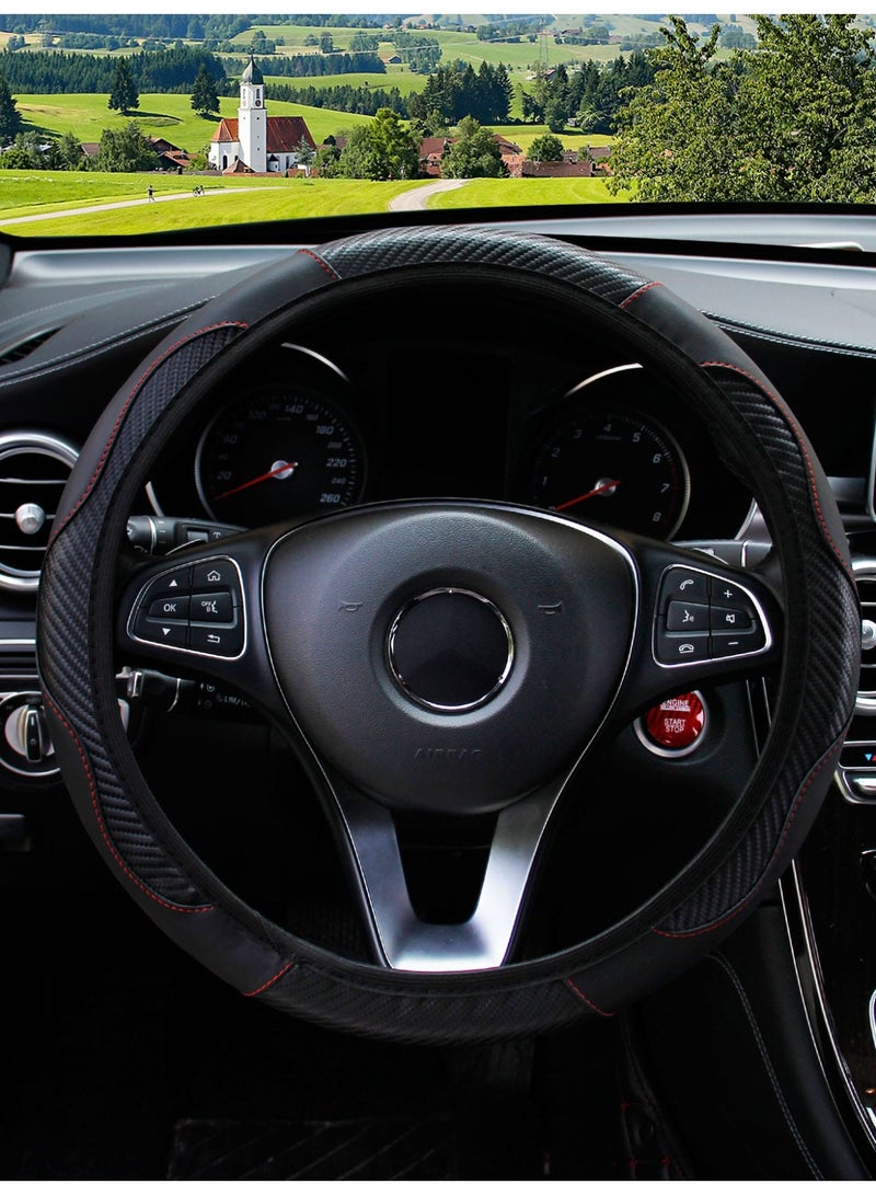Car Steering Wheel Cover, 15 Inch Carbon Fiber Microfiber PU Leather Flexible Steering Wheel Protector for Men and Women, Non-Slip Breathable Car Interior Accessories for Most Cars (Black) - Image 2
