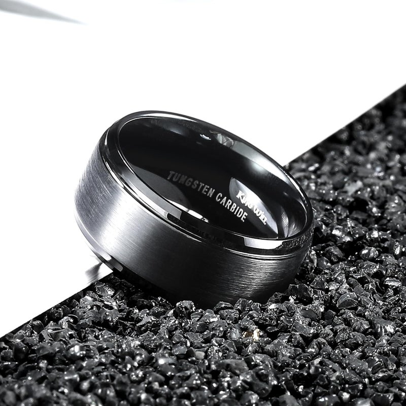 King Will Men's Black Tungsten Carbide Ring 10mm Polished Step Edge Matte Brushed Finish Center Wedding Band(9.5) - Image 2
