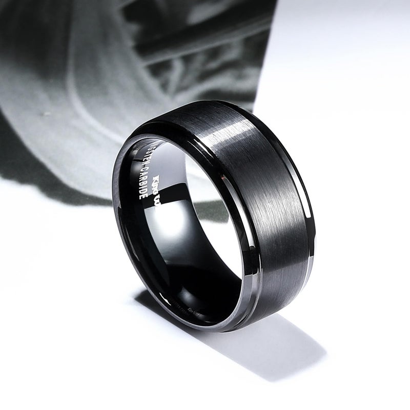 King Will Men's Black Tungsten Carbide Ring 10mm Polished Step Edge Matte Brushed Finish Center Wedding Band(9.5) - Image 3