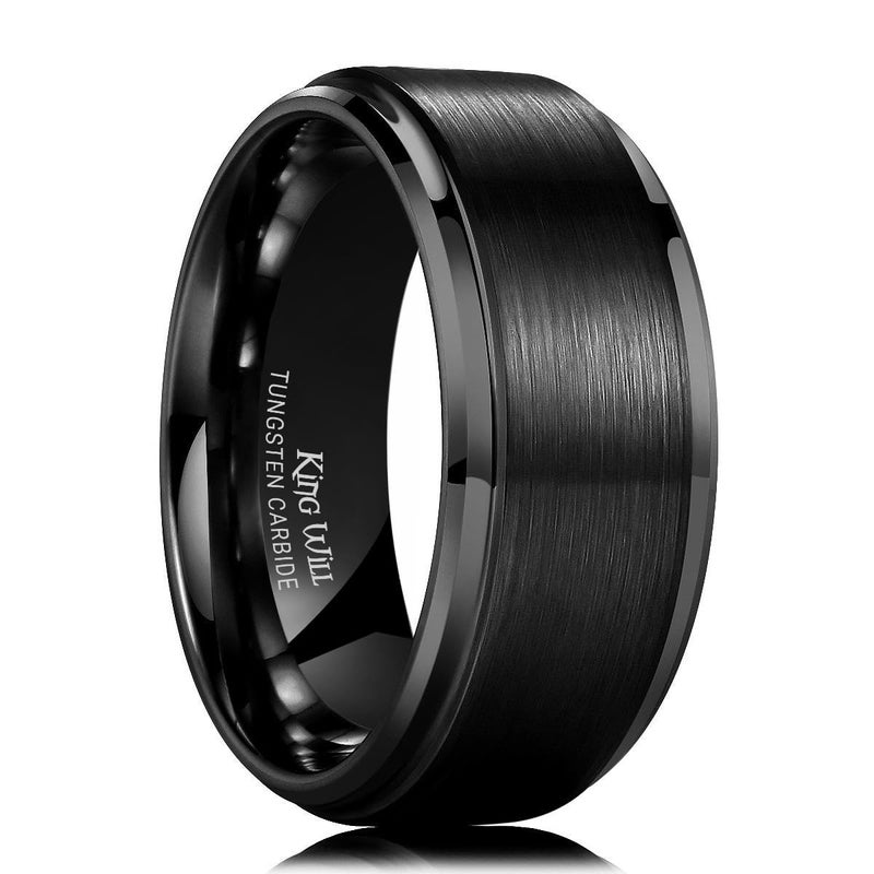 King Will Men's Black Tungsten Carbide Ring 10mm Polished Step Edge Matte Brushed Finish Center Wedding Band(9.5) - Image 1