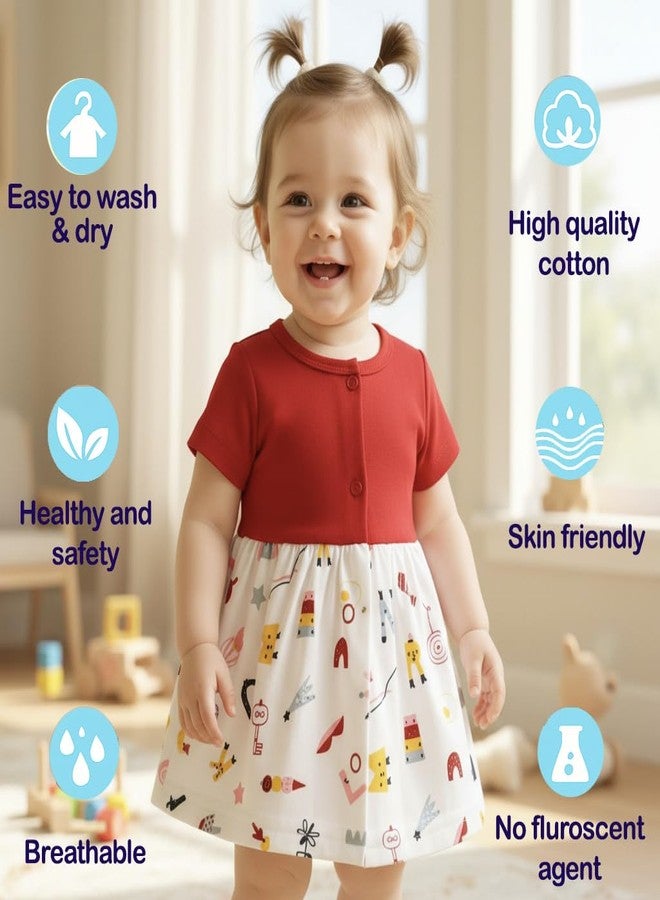 VParents Knee-Length Half Sleeves Cotton Frocks for Baby Girls - 6-12 Months (Pack of 5), Round Neck A Line Mini Short Dress for Kids Multicolour - Image 4