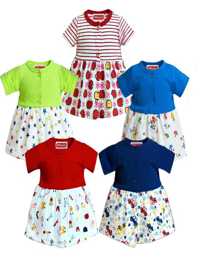 VParents Knee-Length Half Sleeves Cotton Frocks for Baby Girls - 6-12 Months (Pack of 5), Round Neck A Line Mini Short Dress for Kids Multicolour - Image 1