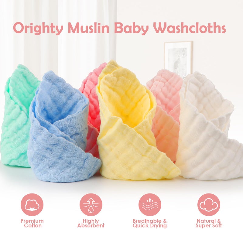 Orighty Muslin Baby Washcloths Pack of 6 - Soft Face Cloths for Newborn, Absorbent Baby Bath and Face Towels, 100% Cotton Babies Wipes, Burp Cloths, Feeding Towels for Babies and Infants - 10 x 10’’ - Image 2