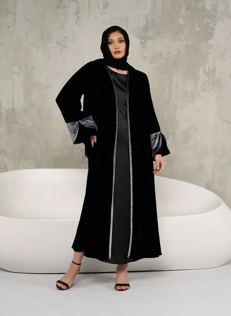 Couturelabs Black Velvet Abaya with Grey Detailing and Sheila