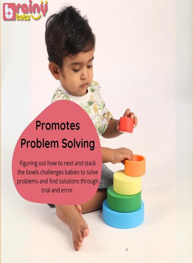 Brainytots Kids Wooden Nesting Bowls Set | 5 Pieces, Teaches Sizes and Colors| Montessori Inspired Educational Toy | Improves Fine and Gross - Image 3
