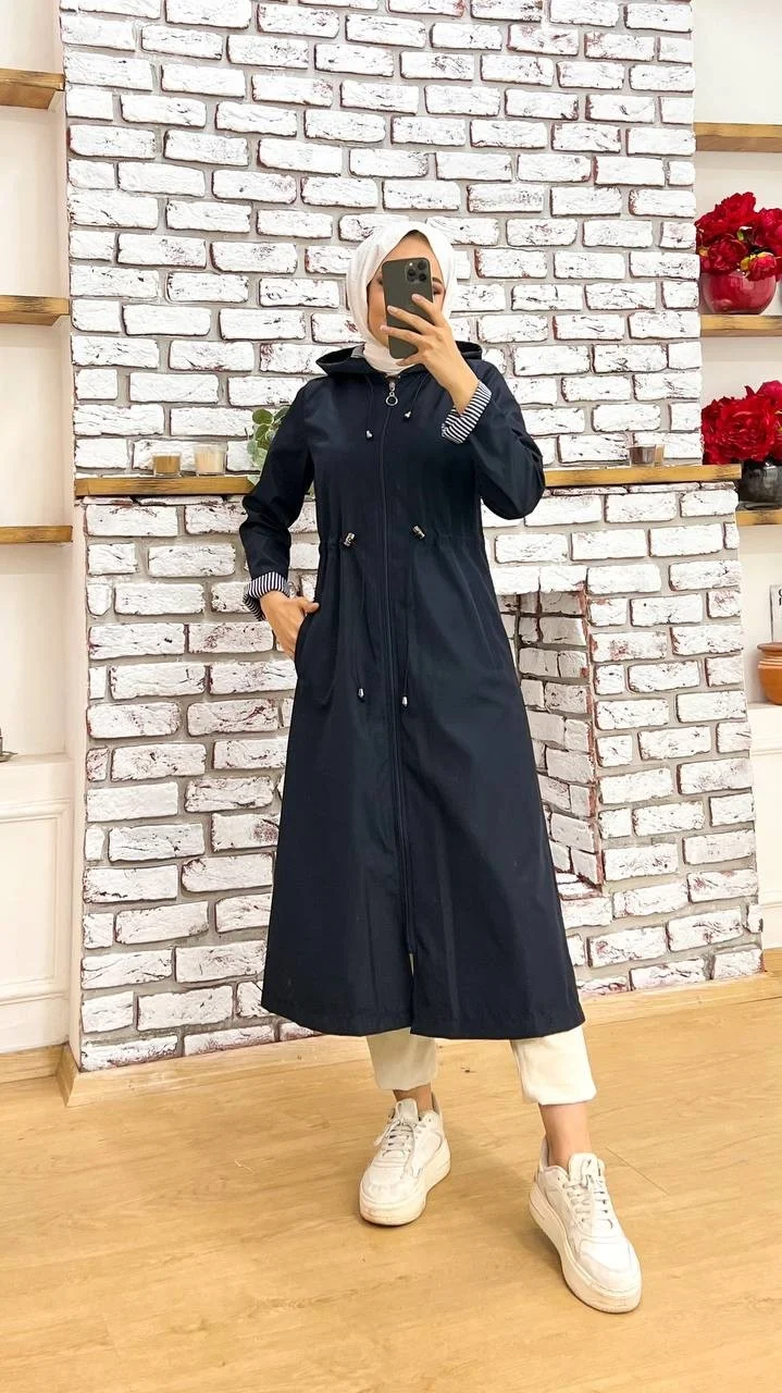 Marjinal City Marginal City Navy Blue Striped and Self-Lined Waterproof Women's Trench Coat