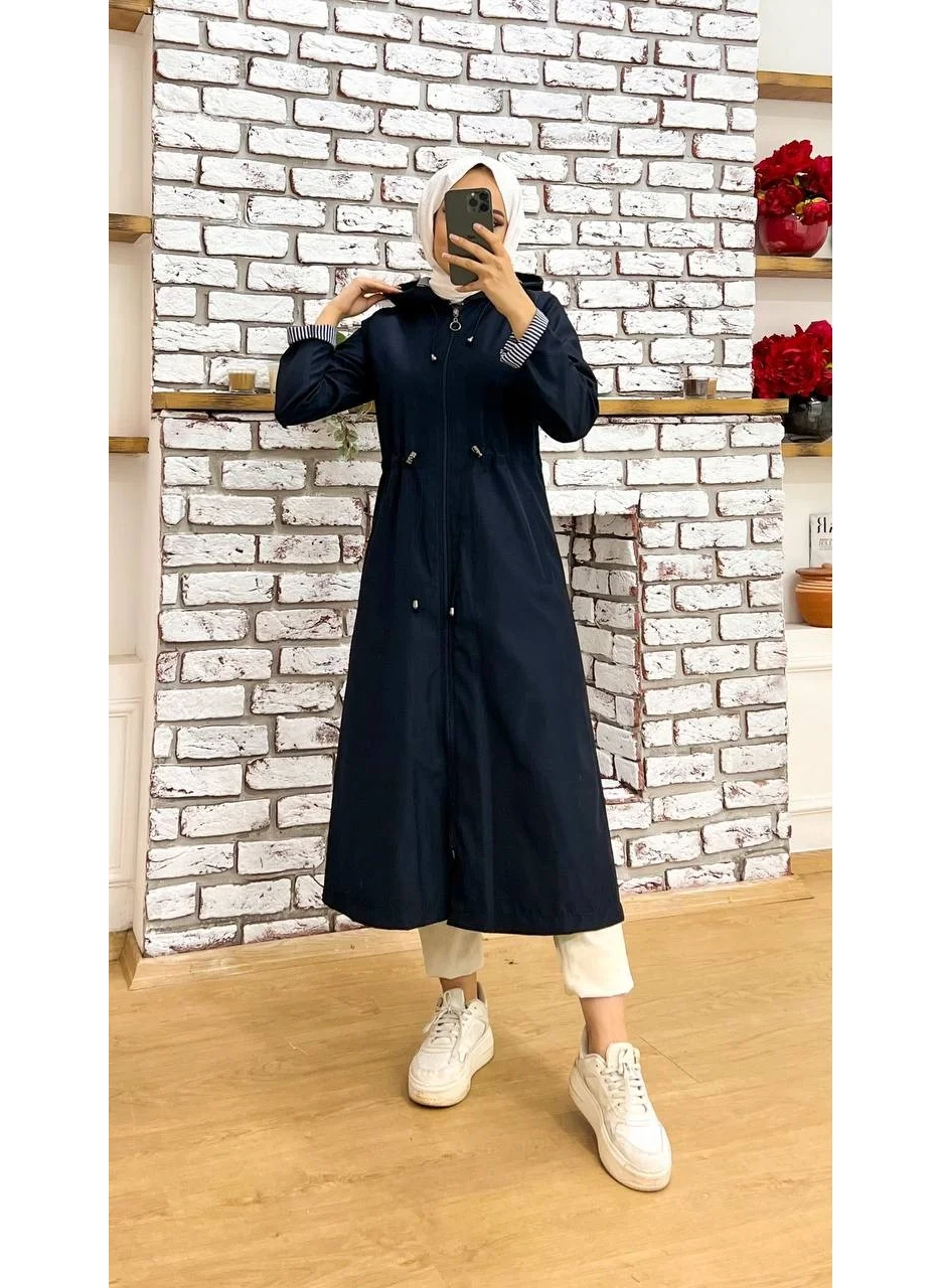 Marjinal City Marginal City Navy Blue Striped and Self-Lined Waterproof Women's Trench Coat