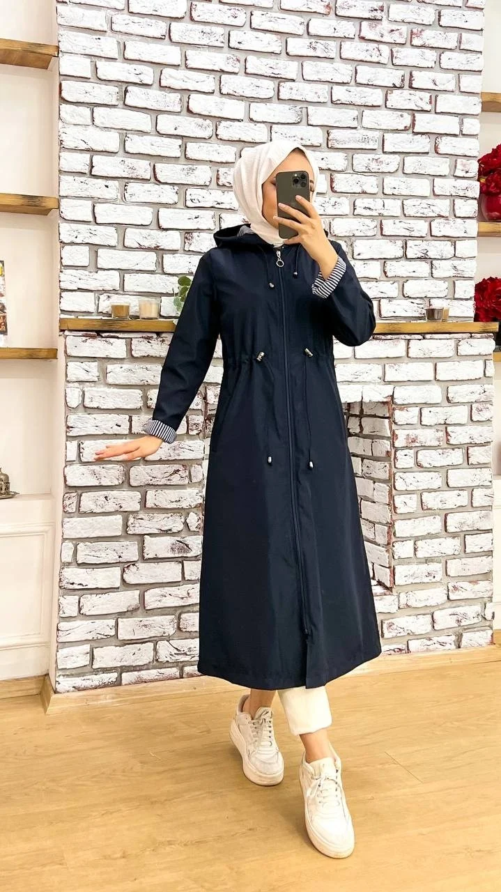 Marjinal City Marginal City Navy Blue Striped and Self-Lined Waterproof Women's Trench Coat