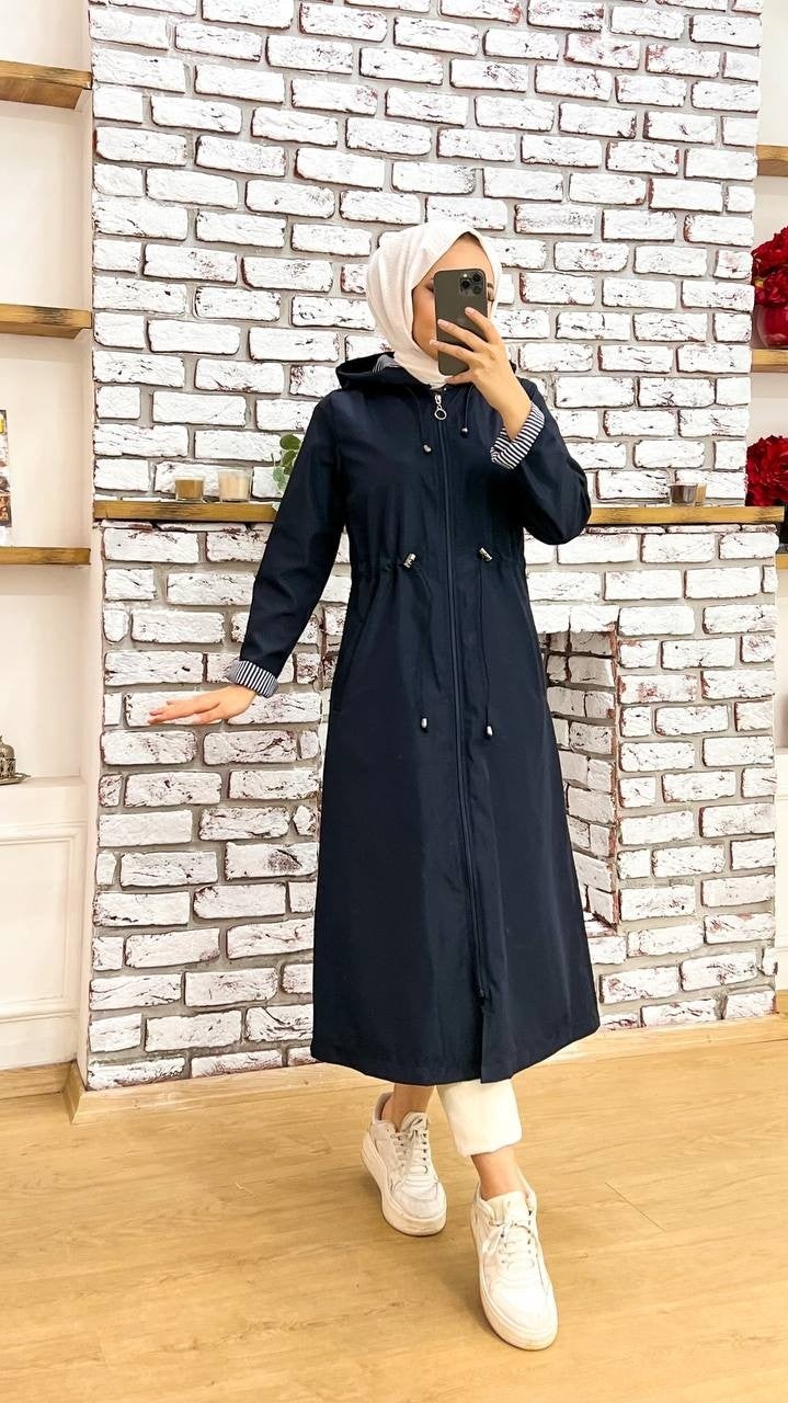 Marjinal City Marginal City Navy Blue Striped and Self-Lined Waterproof Women's Trench Coat - Image 5
