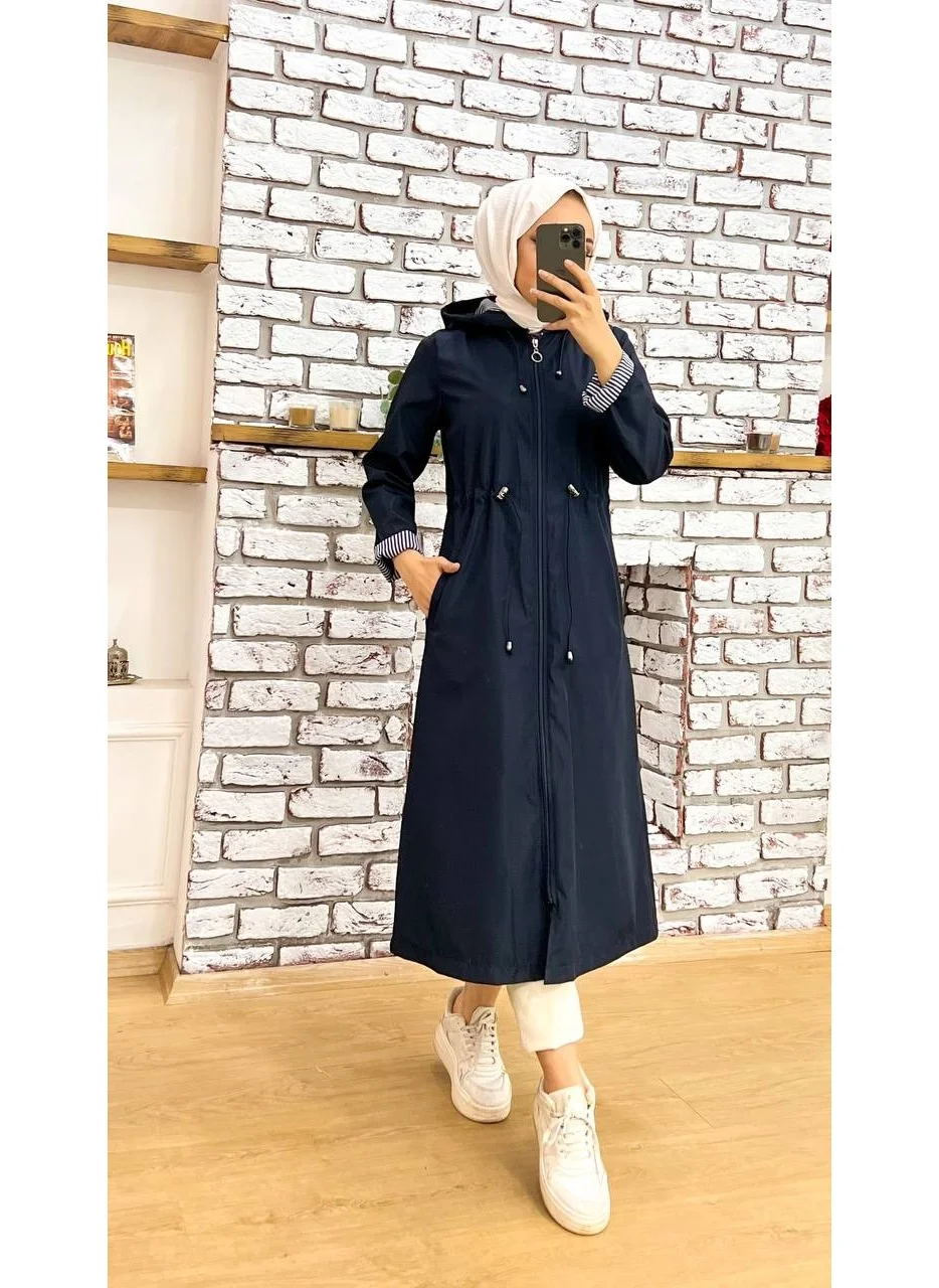 Marjinal City Marginal City Navy Blue Striped and Self-Lined Waterproof Women's Trench Coat