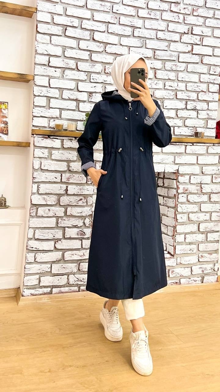 Marjinal City Marginal City Navy Blue Striped and Self-Lined Waterproof Women's Trench Coat - Image 1