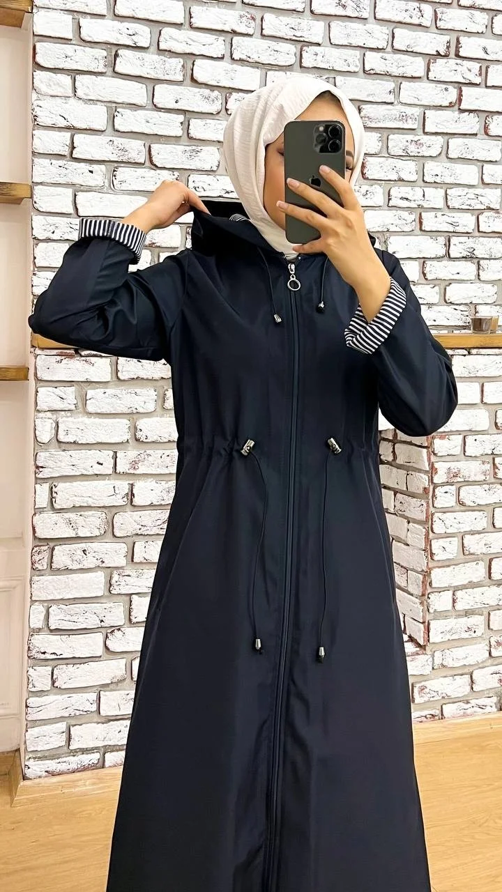 Marjinal City Marginal City Navy Blue Striped and Self-Lined Waterproof Women's Trench Coat