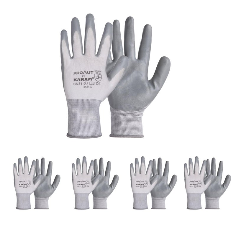 KARAM HS31 Safety Gloves for Mechanical Risk | Safety Work Gloves with White Liner with Grey Nitrile Coating | Industrial Use | Cut Resistant | Abrasion, Tear & Puncture Resistant | Size-M | PACK OF 5 - Image 5