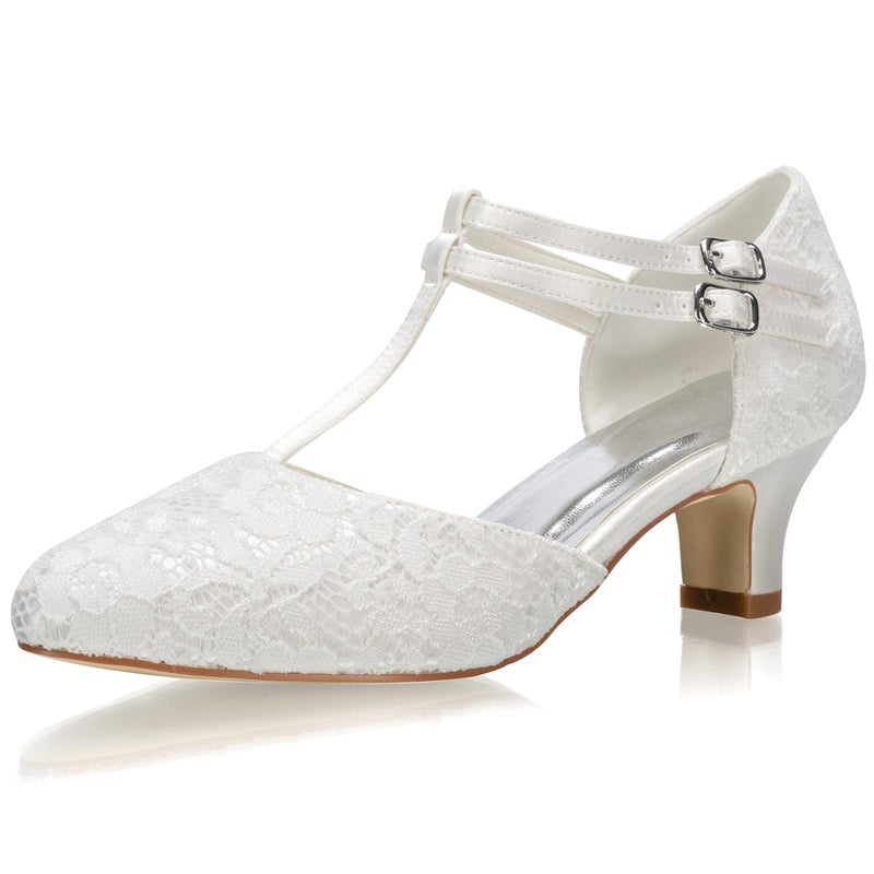 JIAJIA 00968 Womens Bridal Shoes Closed Toe TStrap Block Low Heel Lace Satin Pumps Wedding Shoes Color IvorySize 75 BM US38 EU