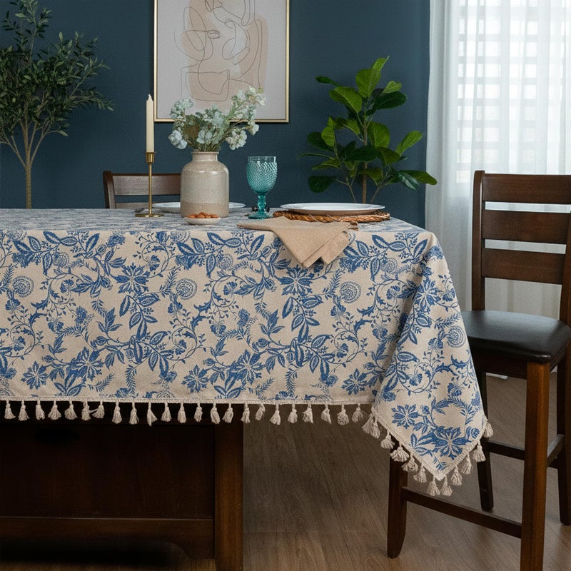 RUSTIQUE LINENS Printed Cotton Tablecloth with Tassel|60 x 60 Inch Square – Washable & Colorfast Table Cover for Dining Room, Farmhouse, Kitchen, Home, Party & Wedding Décor - Vintage Floral Navy - Image 5