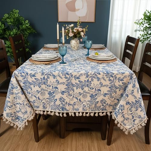 RUSTIQUE LINENS Printed Cotton Tablecloth with Tassel|60 x 60 Inch Square – Washable & Colorfast Table Cover for Dining Room, Farmhouse, Kitchen, Home, Party & Wedding Décor - Vintage Floral Navy - Image 2