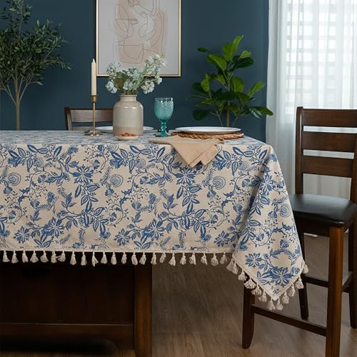 RUSTIQUE LINENS Printed Cotton Tablecloth with Tassel|60 x 60 Inch Square – Washable & Colorfast Table Cover for Dining Room, Farmhouse, Kitchen, Home, Party & Wedding Décor - Vintage Floral Navy - Image 1