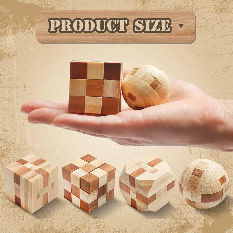 Aputue Wooden Puzzle Games, 4PCS Wooden IQ Challenge Puzzles, Mind Stimulating Brain Teasers for Kids and Adults, Portable Puzzle Toys for Travel and Office Break - Image 3