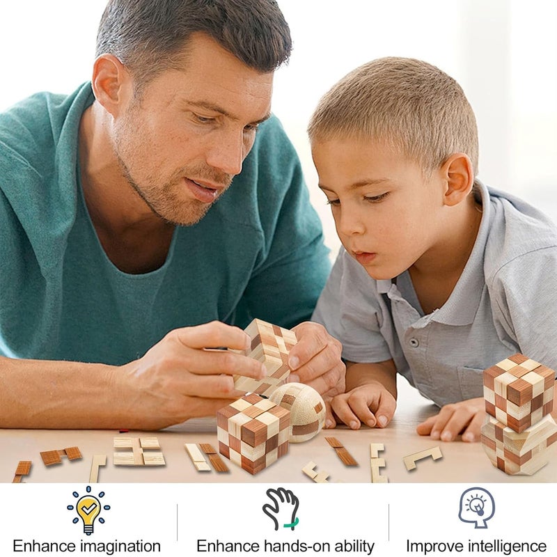 Aputue Wooden Puzzle Games, 4PCS Wooden IQ Challenge Puzzles, Mind Stimulating Brain Teasers for Kids and Adults, Portable Puzzle Toys for Travel and Office Break - Image 2