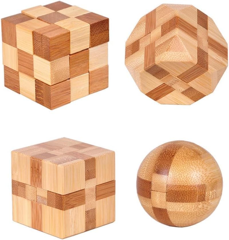 Aputue Wooden Puzzle Games, 4PCS Wooden IQ Challenge Puzzles, Mind Stimulating Brain Teasers for Kids and Adults, Portable Puzzle Toys for Travel and Office Break - Image 1