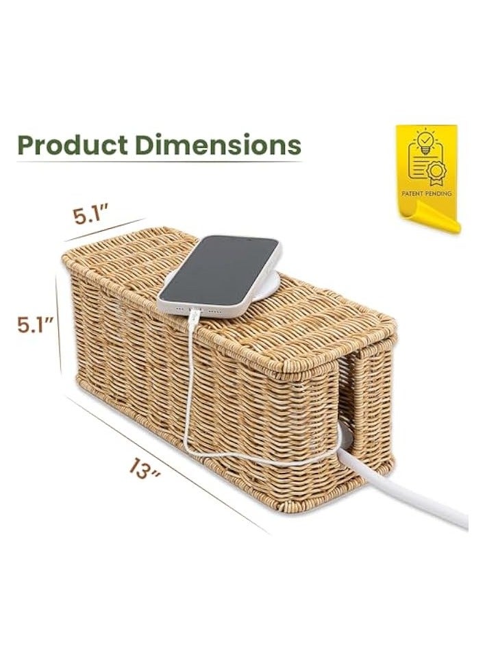 erorex Rattan Cable Management Box, Woven Brown Rattan, 13 x 5.1 x 5.1 Inches, Cable Organizer Box for Desk - Image 3
