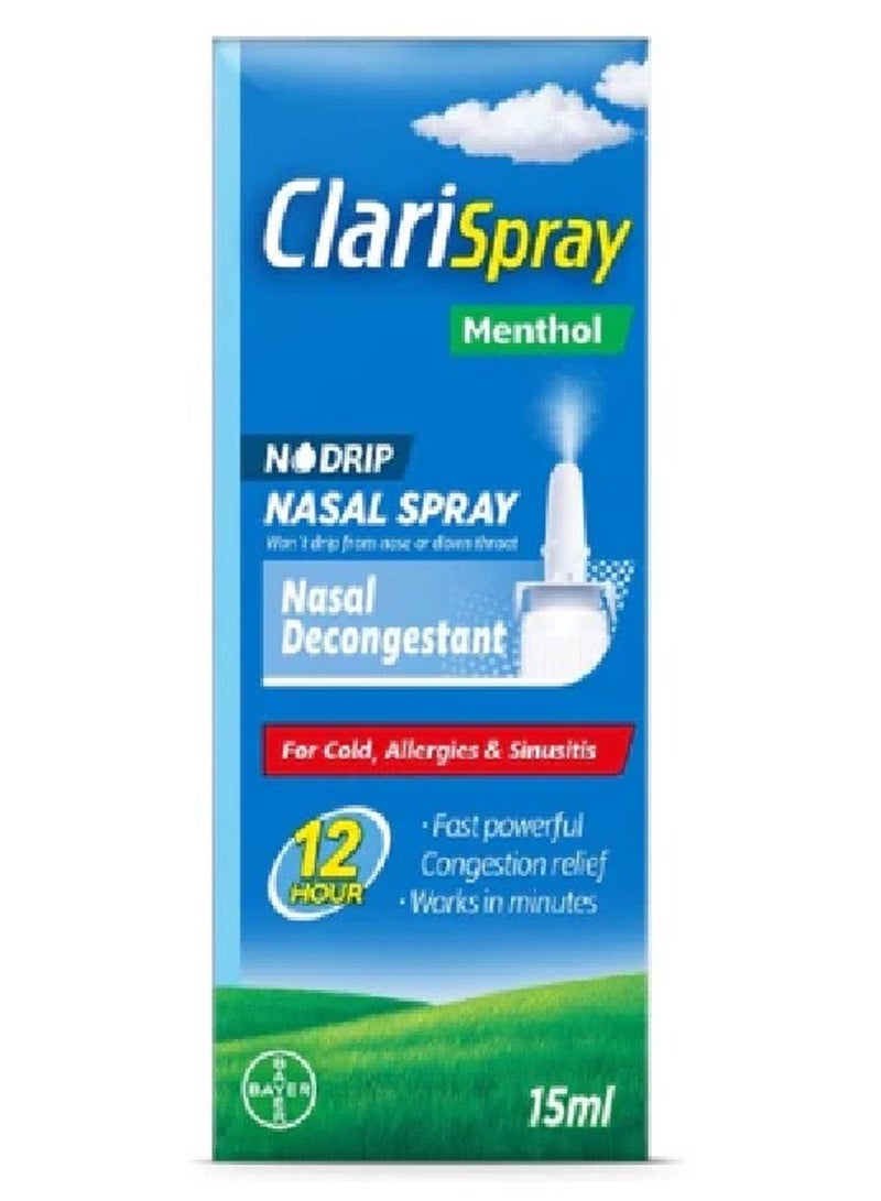 BAYER ClariSpray Menthol No Drip Fast and Powerful Spray For Allergy Relief 15ml