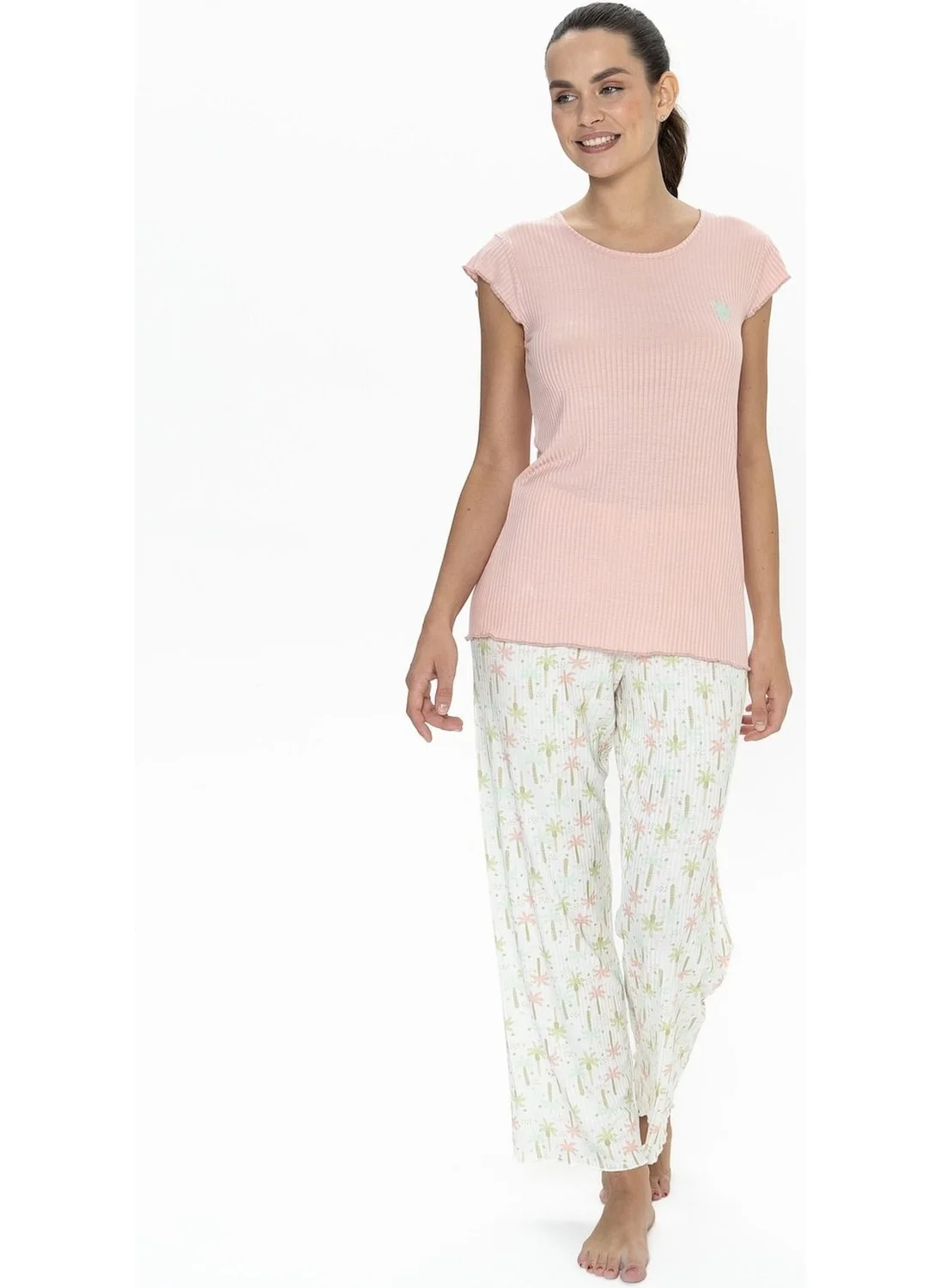 U.S. Polo Assn. 20079 Women's Short Sleeve Crew Neck Pajama Set-Salmon