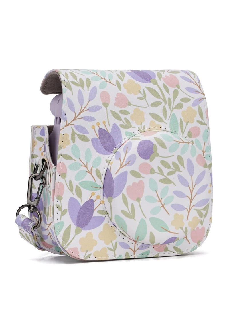 KASTWAVE Camera Bag Compatible with Fujifilm Instax Mini 11 Instant Camera Protective Bag Vintage Floral Pu Leather Camera Organizer with Shoulder Strap Purple Floral Camera Bag  - Image 2