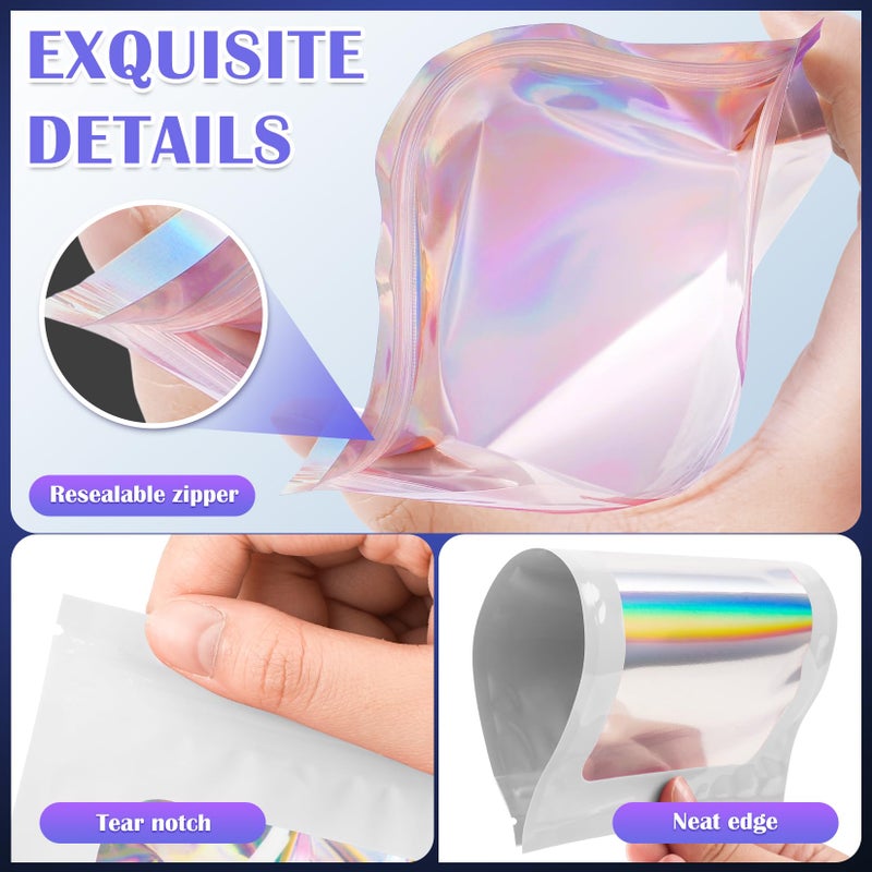 JETMORE Mylar Bags, 100 PCS Holographic Bags, White Smell Proof Bags with Front Window, Small Business Packaging Supplies, Resealable Bags for Food Storage, Bracelets, Jewelry, Sample ï¼ˆ2.4x3.9inï¼‰ - Image 5