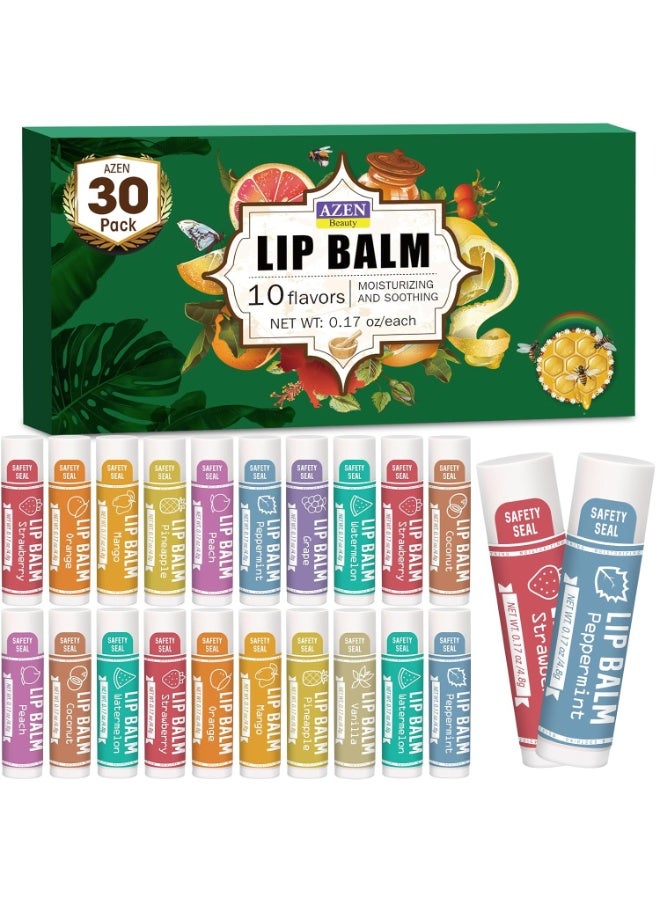 AZEN 30 Pack Lip Balm, Natural Lip Balm Bulk, Lip Care Product, Moisturizing Lip Balms for dry cracked lips - 10 Flavors - Image 1
