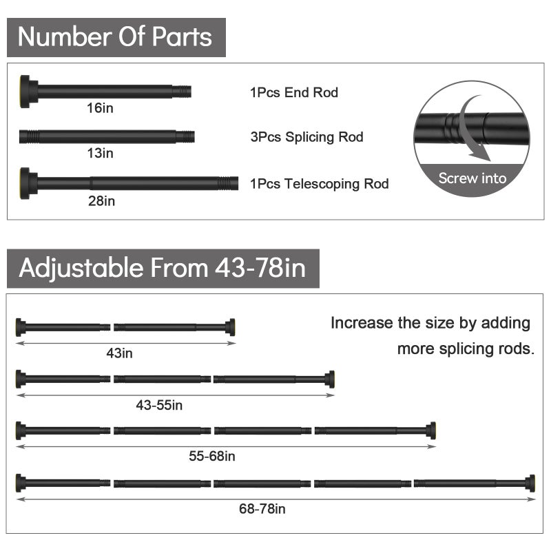 Thestoa Shower Curtain Rod Adjustable 43-78 inch, 1"Diameter Spring Tension Curtain Rod No Drill, Anti-Rust Non-Slip Shower Rod, Black Shower Curtain Rod for Bathroom Tension - Image 5