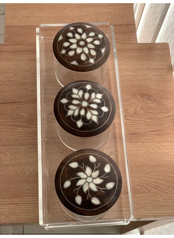 Horoof Market Horoof Home® Acrylic Tray with Wooden Lid Jars – Elegant Clear & Brown Organizer | Handmade Floral Design | Decorative Storage Box – 25L x 15W x 5H cm  - Image 2