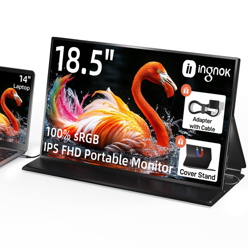 Ingnok شاشة إنغنوك المحمولة، 18.5 بوصة FHD 1080P 100% sRGB موسع شاشة اللابتوب USB C HDMI شاشة ألعاب محمولة مع غطاء ذكي ومكبرات صوت، شاشة خارجية للابتوب ماك PC - Image 1