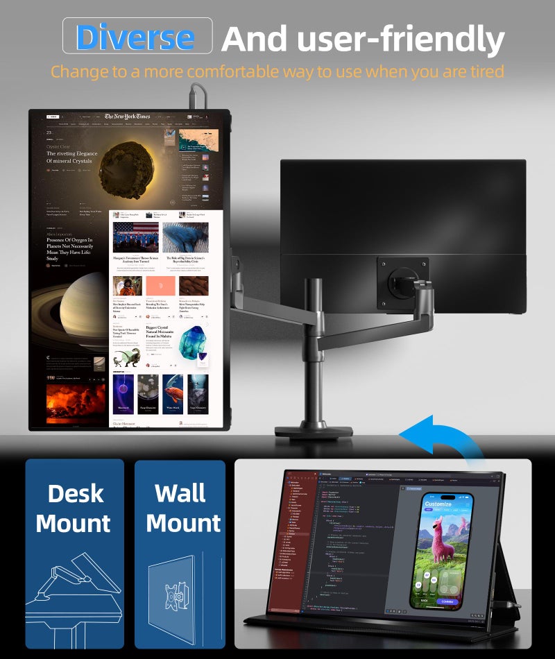 Ingnok شاشة إنغنوك المحمولة، 18.5 بوصة FHD 1080P 100% sRGB موسع شاشة اللابتوب USB C HDMI شاشة ألعاب محمولة مع غطاء ذكي ومكبرات صوت، شاشة خارجية للابتوب ماك PC - Image 5