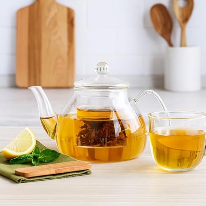ريحني إبريق شاي زجاجي بوروسيليكات بغطاء بسعة 800 مل إبريق شاي مقاوم للحرارة للميكروويف على الموقد، إبريق شفاف أنيق ملحق مطبخ صديق للبيئة لتحضير القهوة بالشاي العشبي - Image 1